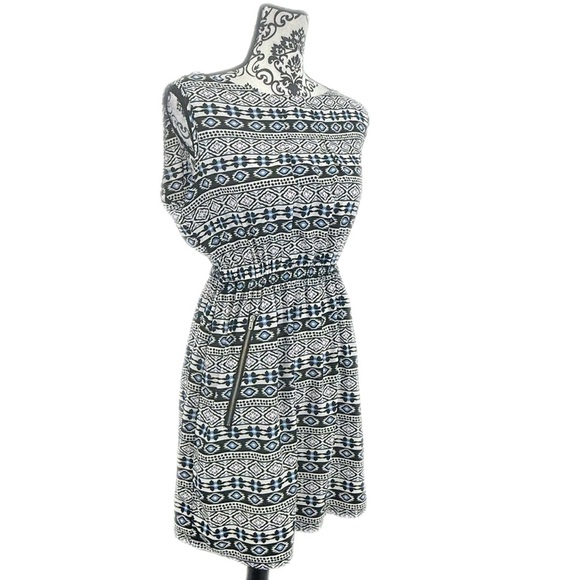 Feathers Boho Navy Blue and White Sheath Cinched Waist Mini Dress, L - Picture 8 of 9